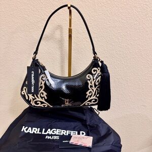 NWT KARL LAGERFELD Rare Arielle Classic gold embroidered Black Shoulder Bag